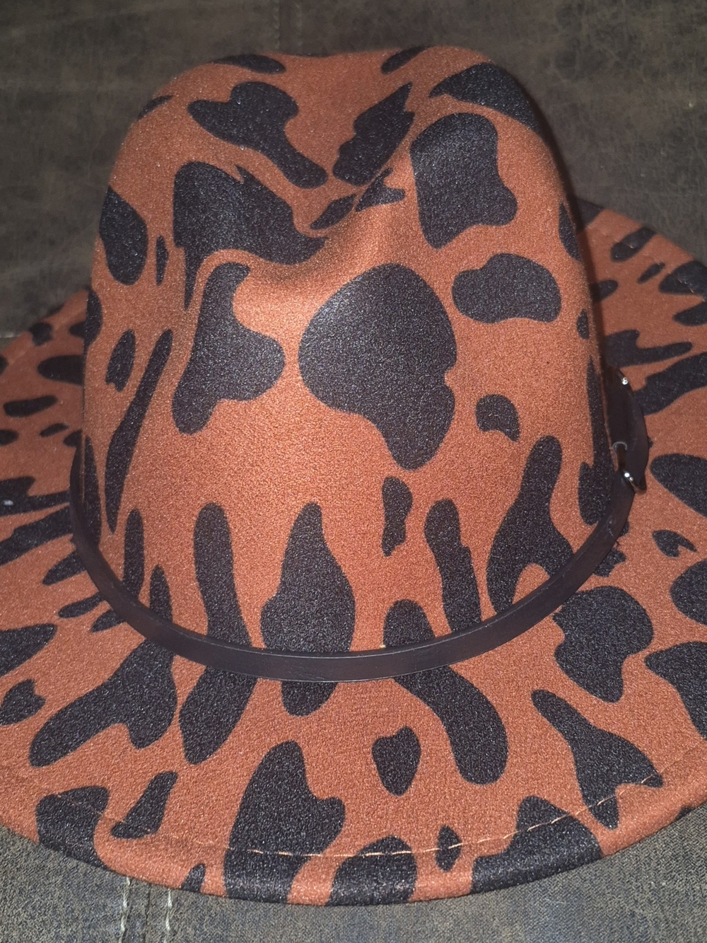 Womens Burnt Orange and Black Leopard Print Fedora Hat